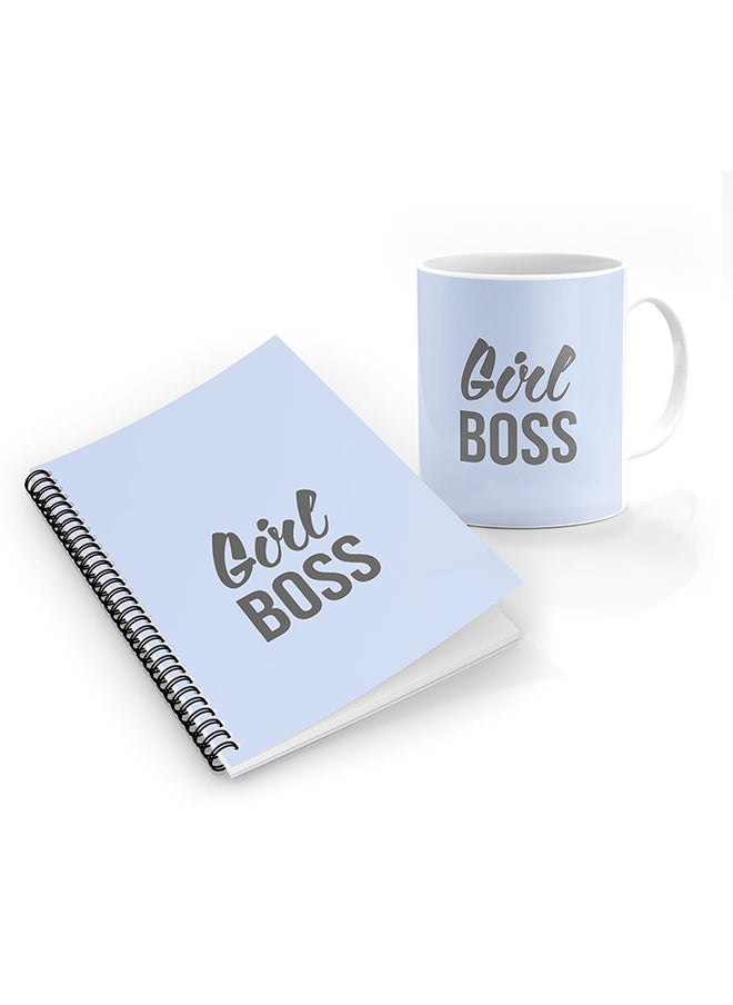 Stylizedd - Designer Printed Coffee Mug + A5 Spiral Notebook Memo Notepad Journal Personalised Combo Gift Set Girl Boss -Blue - Image 1