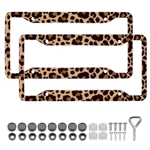 LIN KANG Leopard Print License Plate Frame 2 Pack Animal Brown Leopard Cheetah Print Tags Frames Holder Covers Car Decorative Tag Frames for Standard US Canada License Plate Holder 4 Holes 12x6 Inch - Image 1