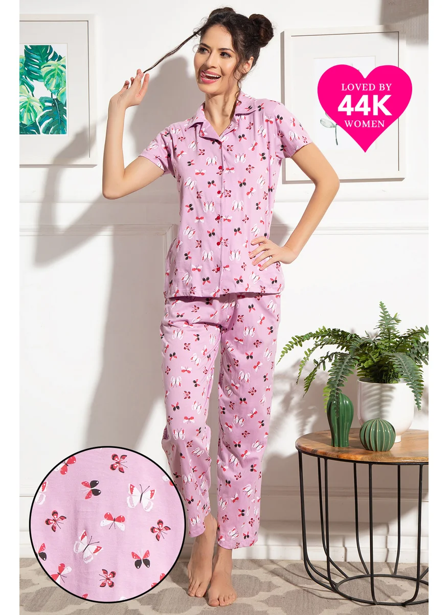 كلوفيا Clovia Butterfly Button Down Shirt & Pyjama in Lilac - 100% Cotton