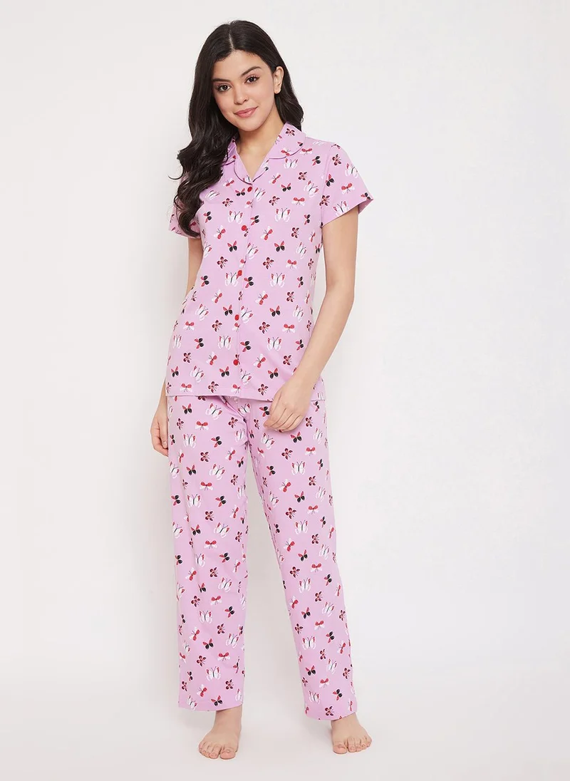 كلوفيا Clovia Butterfly Button Down Shirt & Pyjama in Lilac - 100% Cotton