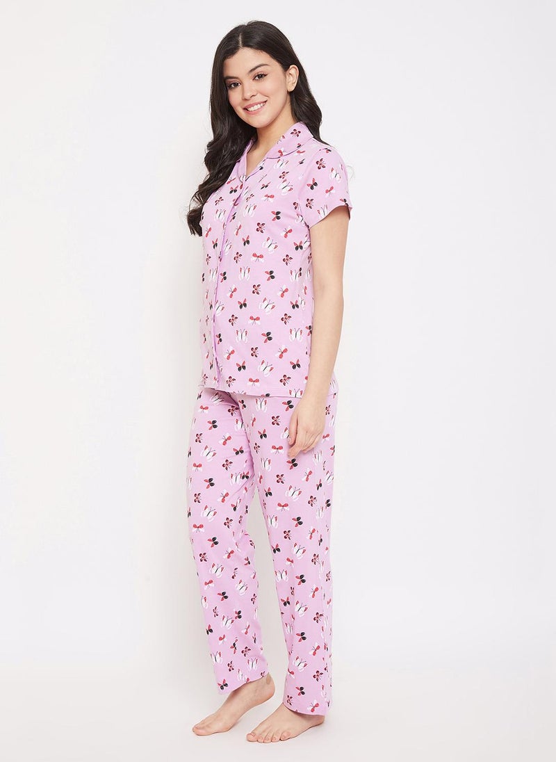Clovia Butterfly Button Down Shirt & Pyjama in Lilac - 100% Cotton - Image 2