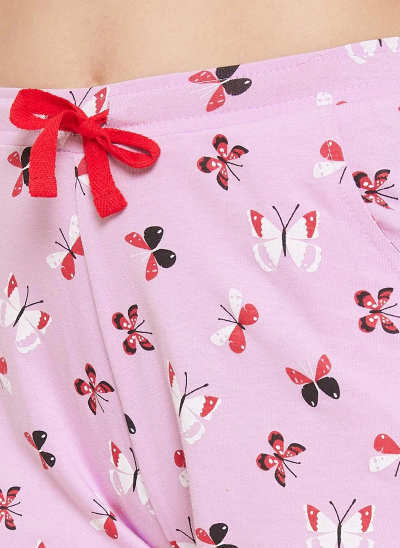 Clovia Clovia Butterfly Button Down Shirt & Pyjama in Lilac - 100% Cotton