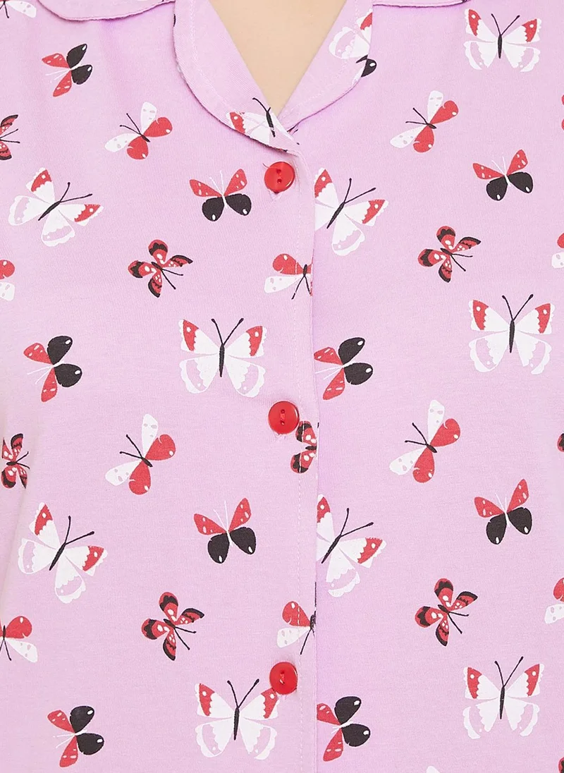 Clovia Clovia Butterfly Button Down Shirt & Pyjama in Lilac - 100% Cotton