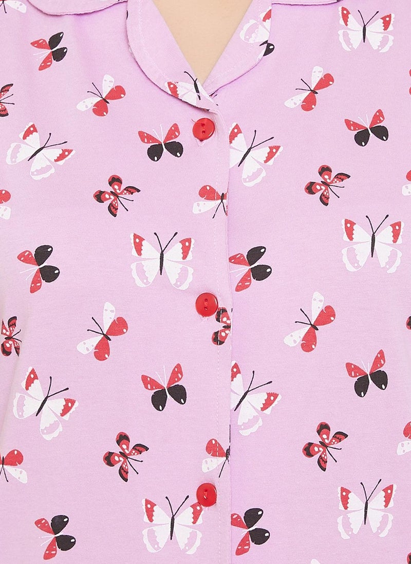 Clovia Butterfly Button Down Shirt & Pyjama in Lilac - 100% Cotton - Image 5