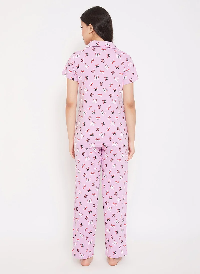 Clovia Clovia Butterfly Button Down Shirt & Pyjama in Lilac - 100% Cotton