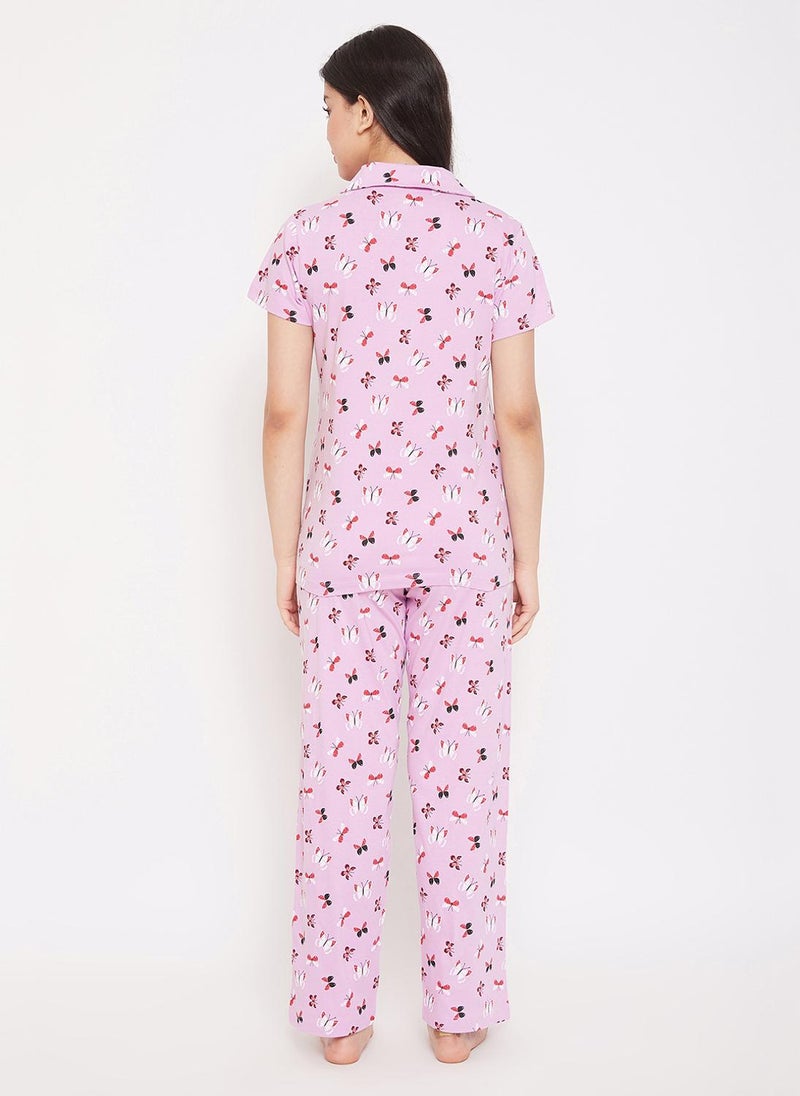 Clovia Butterfly Button Down Shirt & Pyjama in Lilac - 100% Cotton - Image 4