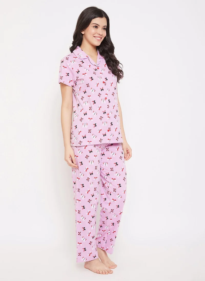 Clovia Clovia Butterfly Button Down Shirt & Pyjama in Lilac - 100% Cotton