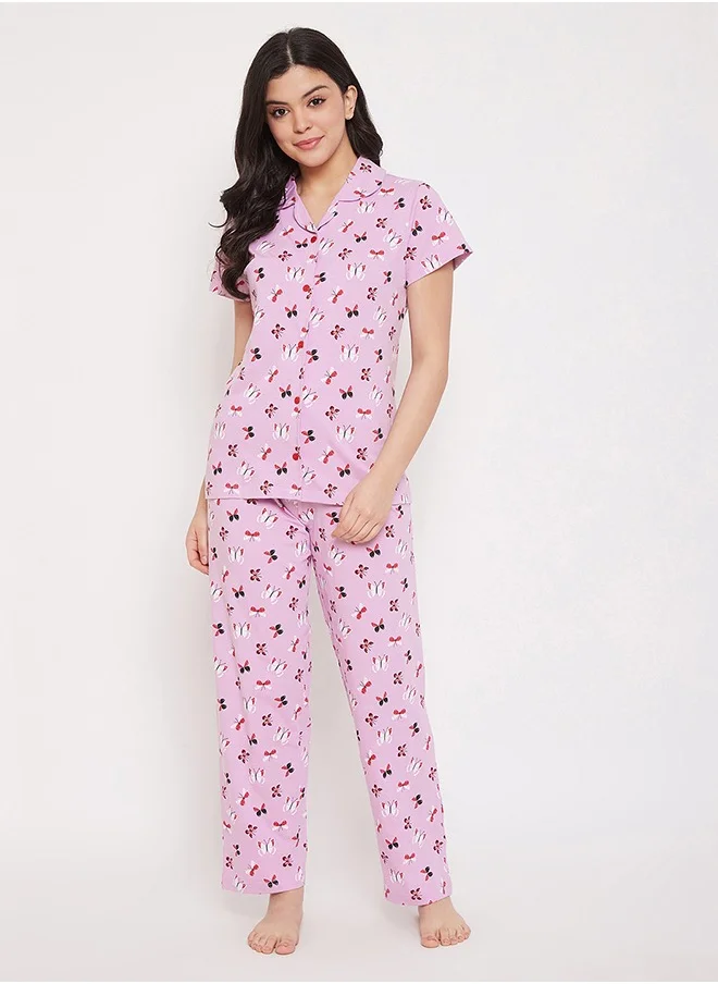 كلوفيا Clovia Butterfly Button Down Shirt & Pyjama in Lilac - 100% Cotton