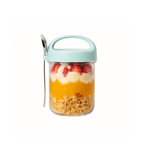 Soko Overnight Oats Glass Jar with Lid and Spoon | Portable Mason Oatmeal Container | On-The-Go Breakfast Cup | Large Kitchen Storage for Healthy Eating - Fruit, Milk, Salad, Nuts, Yogurt - Blue - Image 1