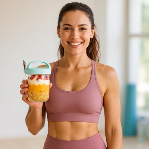 Soko Overnight Oats Glass Jar with Lid and Spoon | Portable Mason Oatmeal Container | On-The-Go Breakfast Cup | Large Kitchen Storage for Healthy Eating - Fruit, Milk, Salad, Nuts, Yogurt - Blue - Image 5