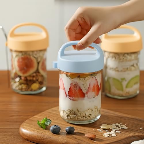 Soko Overnight Oats Glass Jar with Lid and Spoon | Portable Mason Oatmeal Container | On-The-Go Breakfast Cup | Large Kitchen Storage for Healthy Eating - Fruit, Milk, Salad, Nuts, Yogurt - Blue - Image 2