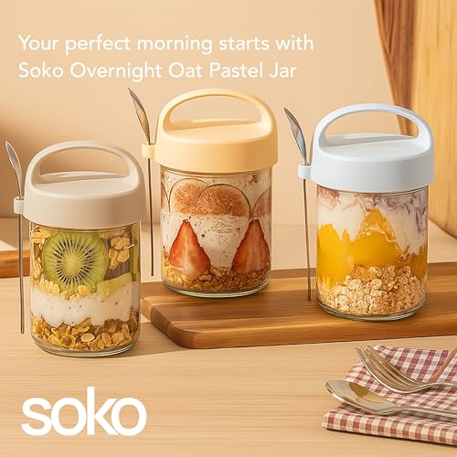 Soko Overnight Oats Glass Jar with Lid and Spoon | Portable Mason Oatmeal Container | On-The-Go Breakfast Cup | Large Kitchen Storage for Healthy Eating - Fruit, Milk, Salad, Nuts, Yogurt - Blue - Image 4