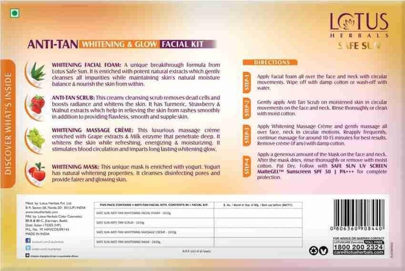 LOTUS HERBALS LOTUS Herbals SAFE SUN AntiTan Whitening Glow Facial Kit40g Pack of 4  - Image 2
