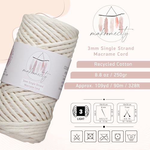 Makromecity, Single Strand Macrame Cord 3 mm x 100 Yards (300 feet) 3mm Single Strand Natural Cotton Cord for Macrame Art & Crafts for Wall Hangings Recycled Cotton Cord Yarn DIY (Ecru, 1 Skein) - Image 2