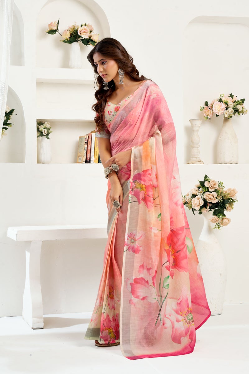 Jhambthreads ساري مزهر من الكتان الخوخي جاهز للارتداء للنساء - Image 2