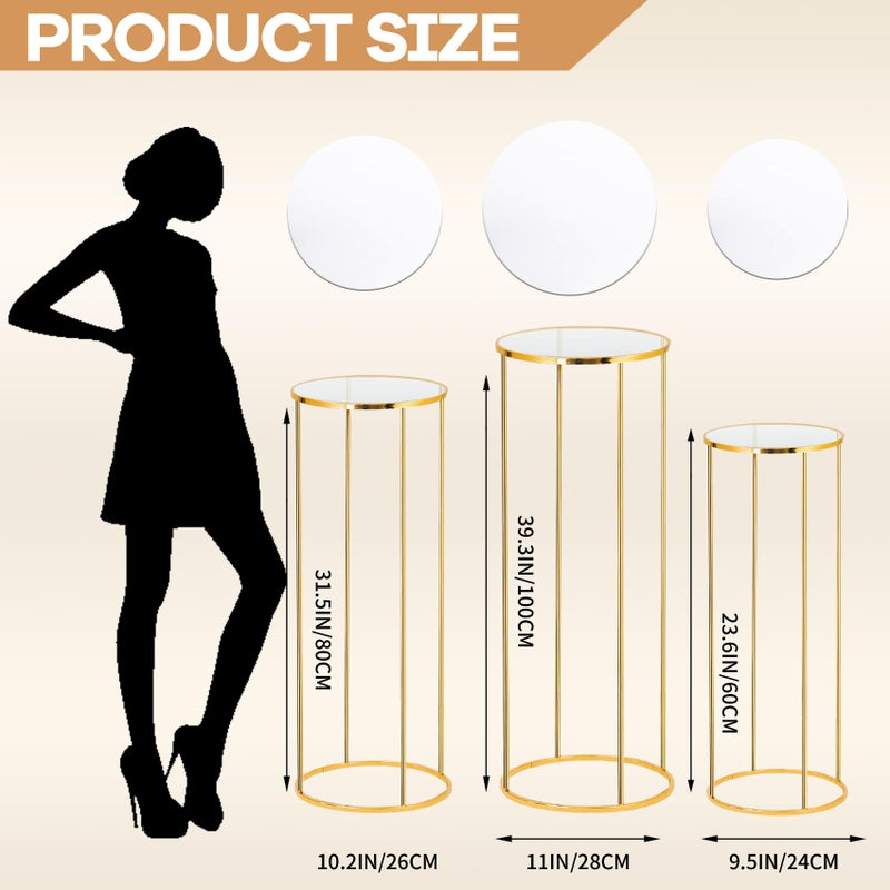 Kapaga 3pcs Gold Metal Plant Stand, Cylinder Pedestal Stands for Party, Metal Plant Columns Pedestal Stands for Display, Round Cylinder Columns tables for Weddings Cake Stand Floor Plant Tables - Image 2