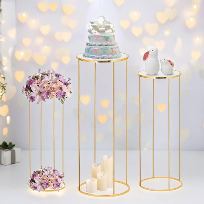 Kapaga 3pcs Gold Metal Plant Stand, Cylinder Pedestal Stands for Party, Metal Plant Columns Pedestal Stands for Display, Round Cylinder Columns tables for Weddings Cake Stand Floor Plant Tables - Image 1