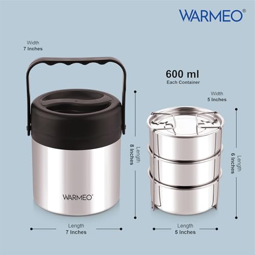 WARMEO Legend 3 Pcs Stainless Steel Containers 600 ml Each, PU Insulated, Hot & Cold Leak-Proof Lunch Box for Office, College, Picnic - Image 3