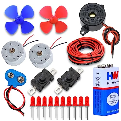 PGSA2Z Science Project Material Kit Set of Dc Toy Motors, Four Blade Fans, 9v Battery, Battery Snap/Cap, Red LEDs, Push to On Switch, Piezo Buzzer, Connecting Wires. - Image 1