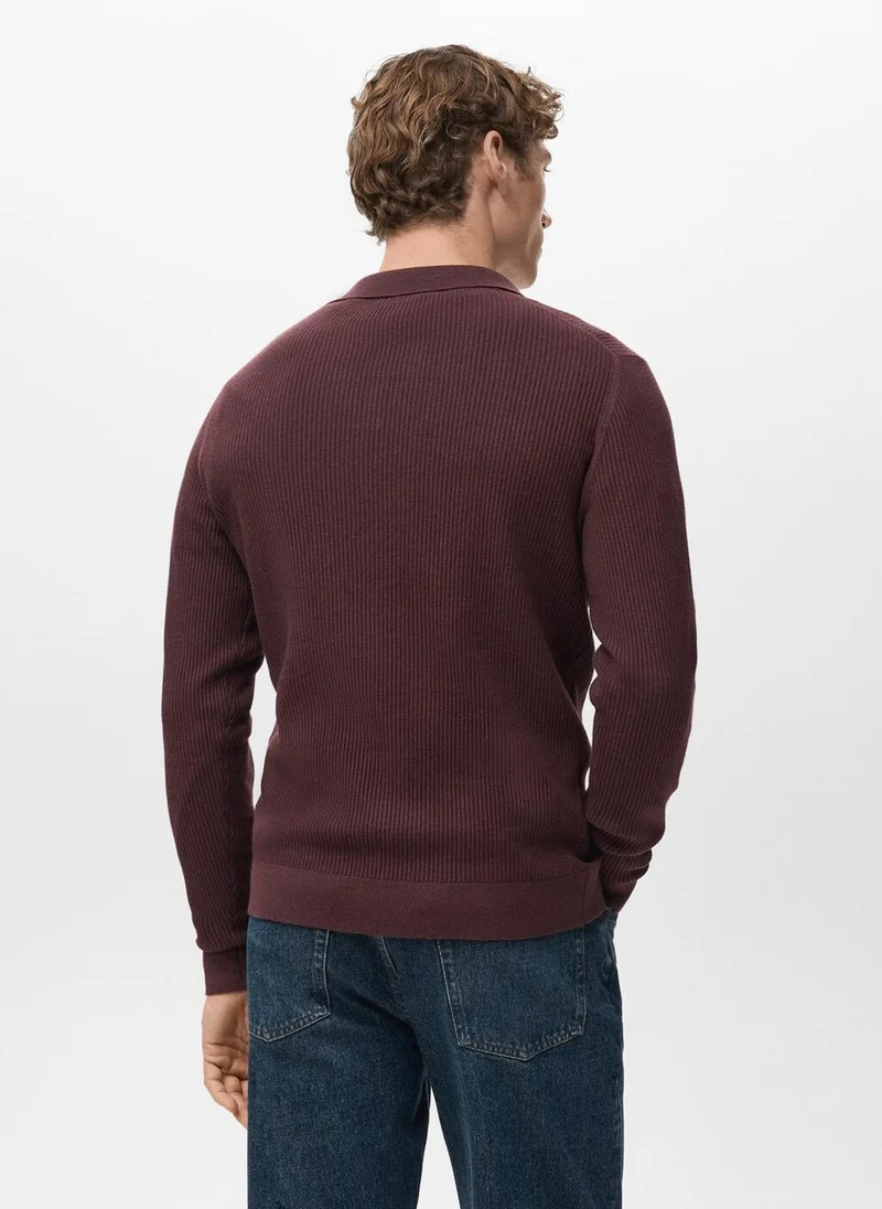 Mango Man Cotton-blend ribbed polo sweater