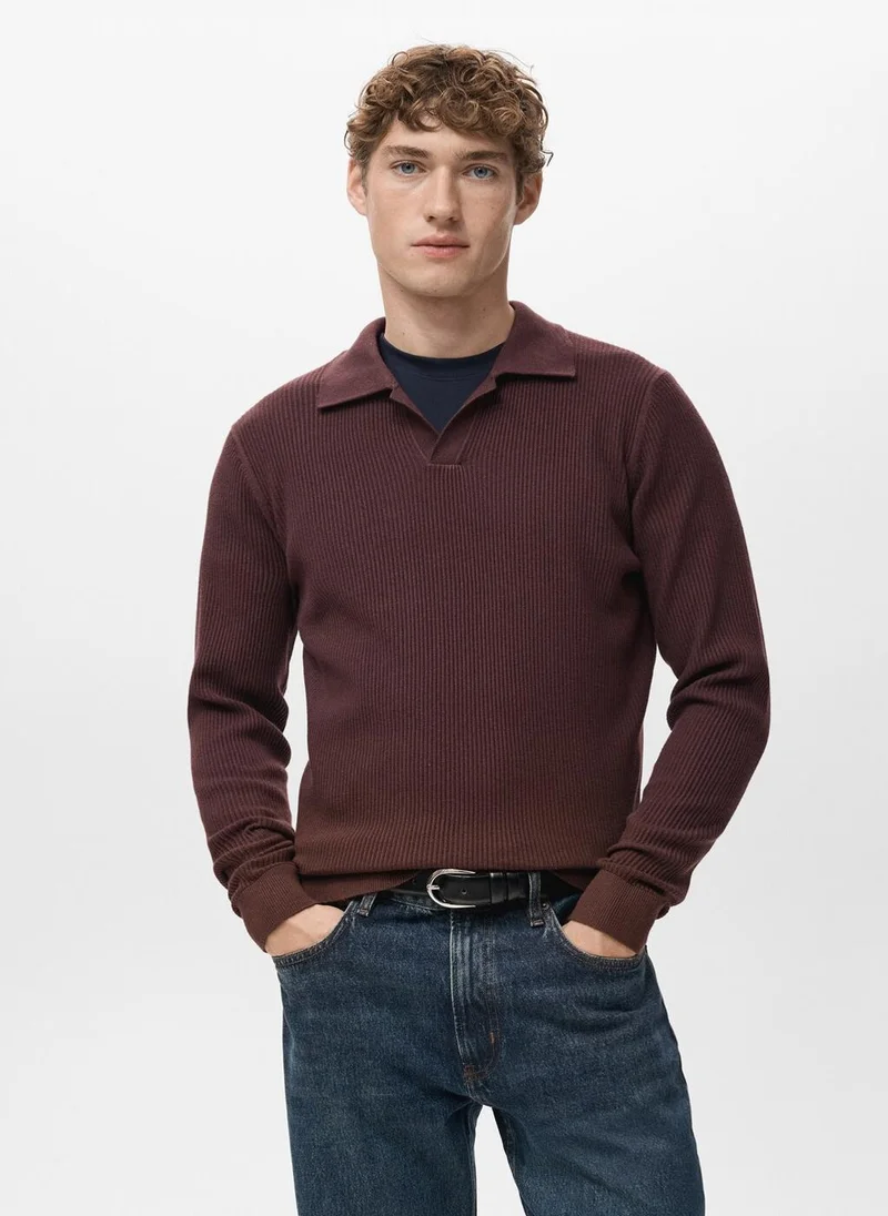 Cotton-blend ribbed polo sweater