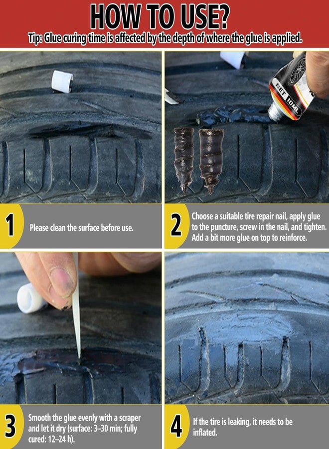 Melanther Tire Repair Glue Kit - 2 Pack 10ml Rubber Cement Tire Repair, Tire Plug Glue with 8 Tire Nails (Small & Large), Tire Patch Glue for Car, Motorcycle, Bike, Truck, Tractor, with Scraper Tools - Image 3