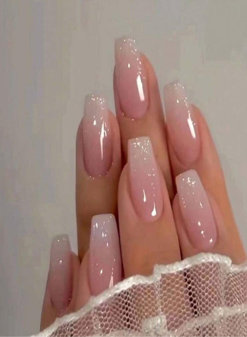 Nails in transitional pink shades with glitter, 24 pieces - Image 1