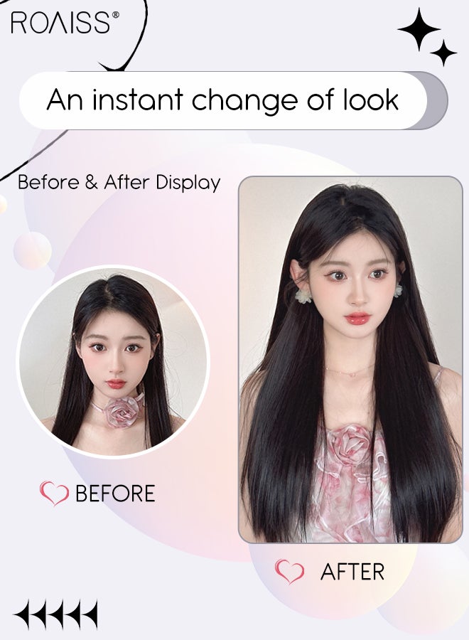 رويس وصلة شعر مستقيمة غير مرئية على شكل حرف U، قطعة واحدة من وصلات الشعر المستعار مع 4 مشابك، قطعة شعر صناعية مقاومة للحرارة للنساء، لون أسود طبيعي، 60 سم (24 بوصة) - Image 3