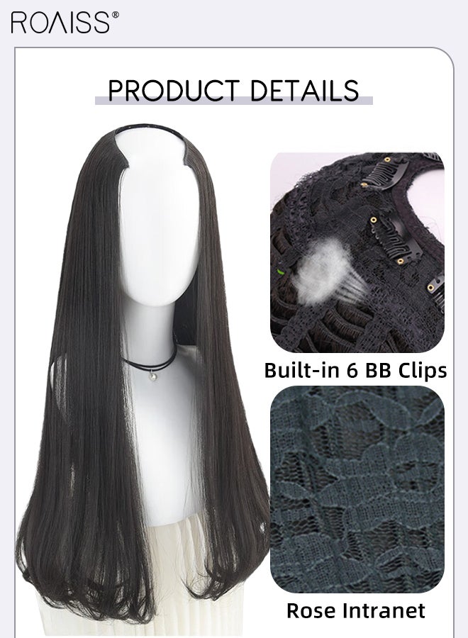 رويس وصلة شعر مستقيمة غير مرئية على شكل حرف U، قطعة واحدة من وصلات الشعر المستعار مع 4 مشابك، قطعة شعر صناعية مقاومة للحرارة للنساء، لون أسود طبيعي، 60 سم (24 بوصة) - Image 4