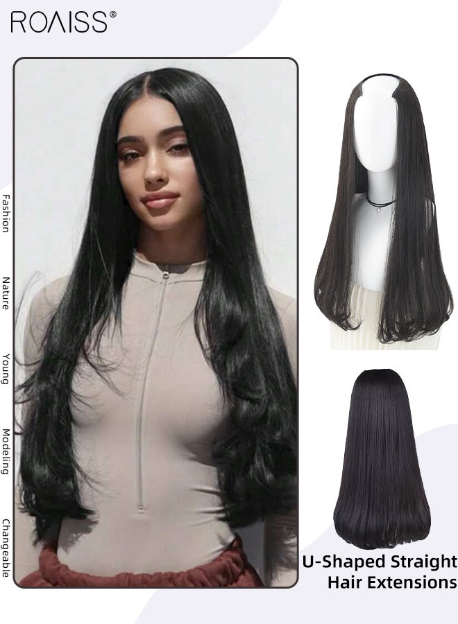 رويس وصلة شعر مستقيمة غير مرئية على شكل حرف U، قطعة واحدة من وصلات الشعر المستعار مع 4 مشابك، قطعة شعر صناعية مقاومة للحرارة للنساء، لون أسود طبيعي، 60 سم (24 بوصة) - Image 1