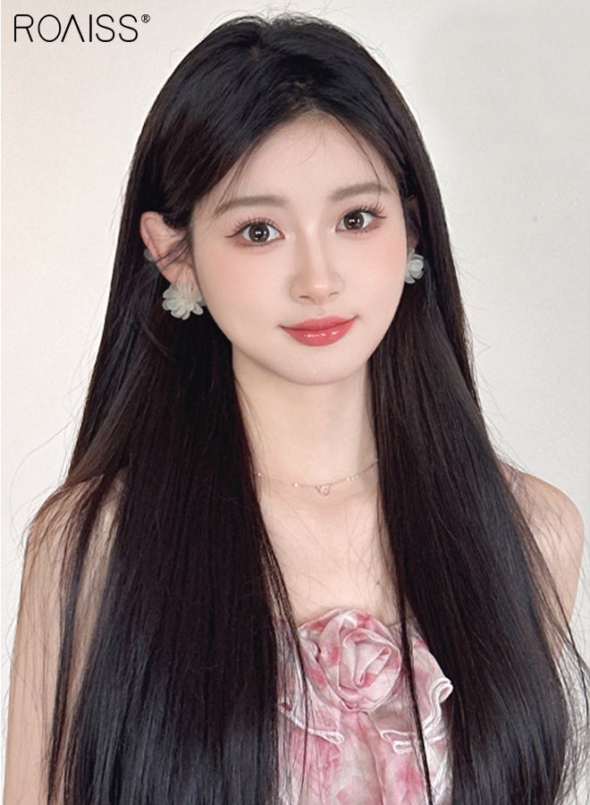 رويس وصلة شعر مستقيمة غير مرئية على شكل حرف U، قطعة واحدة من وصلات الشعر المستعار مع 4 مشابك، قطعة شعر صناعية مقاومة للحرارة للنساء، لون أسود طبيعي، 60 سم (24 بوصة) - Image 5