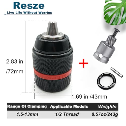 Resze Keyless Hand Drill Chuck,3-Jaw Drill Chuck,Self -Tightening Multipurpose 1/2"- 20UNF Mount 1.5-13mm Drill Press Adapter for Hand Drill Impact Driver Power Drill,1/4" Hex Shank - Image 2