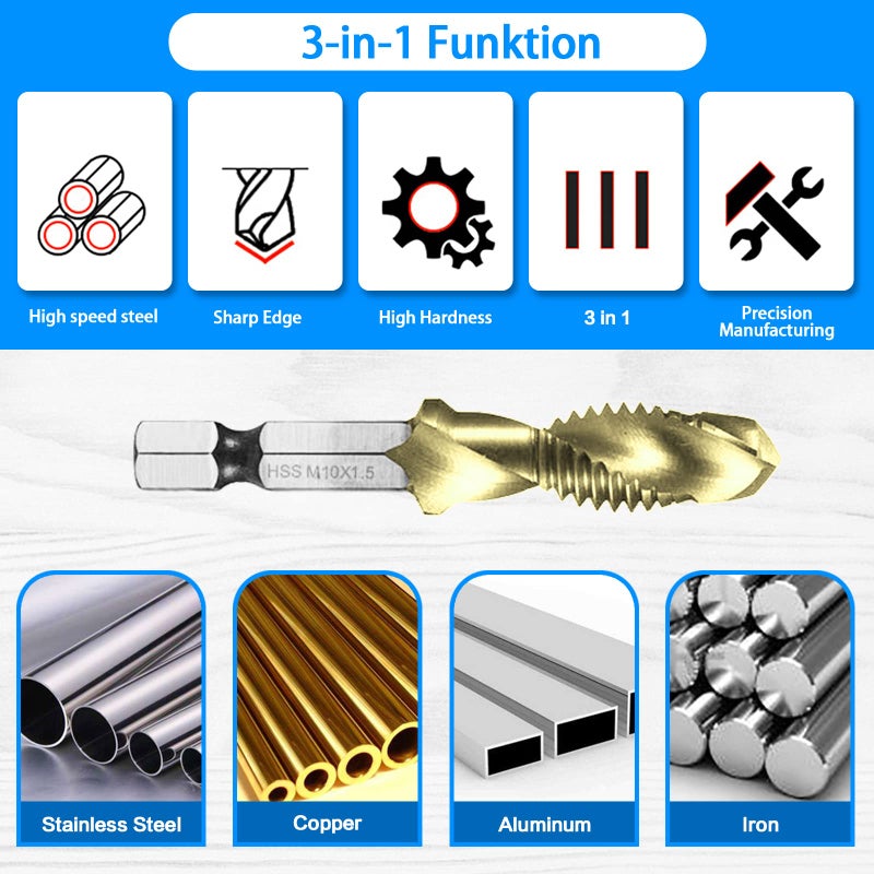 DKIBBITH Combination Drill & Tap Bit Set, 6 pc SAE (6-32NC ~ 1/4-20NC) and 6 pc Metric (M3 ~ M10) Titanium Coated Drill Bits Kit for Drilling Screw Threads Tapping Countersinking, with Quick Change Adapter - Image 5