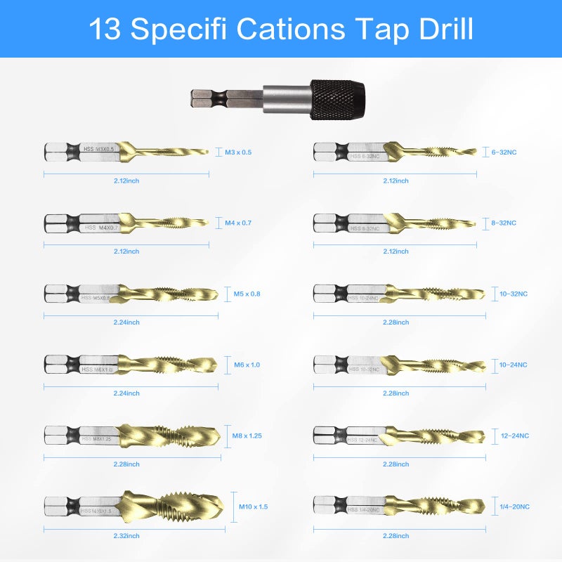 DKIBBITH Combination Drill & Tap Bit Set, 6 pc SAE (6-32NC ~ 1/4-20NC) and 6 pc Metric (M3 ~ M10) Titanium Coated Drill Bits Kit for Drilling Screw Threads Tapping Countersinking, with Quick Change Adapter - Image 2