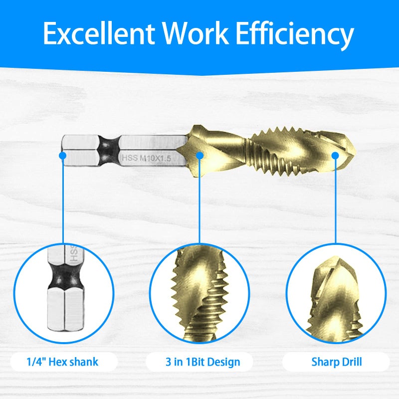 DKIBBITH Combination Drill & Tap Bit Set, 6 pc SAE (6-32NC ~ 1/4-20NC) and 6 pc Metric (M3 ~ M10) Titanium Coated Drill Bits Kit for Drilling Screw Threads Tapping Countersinking, with Quick Change Adapter - Image 4