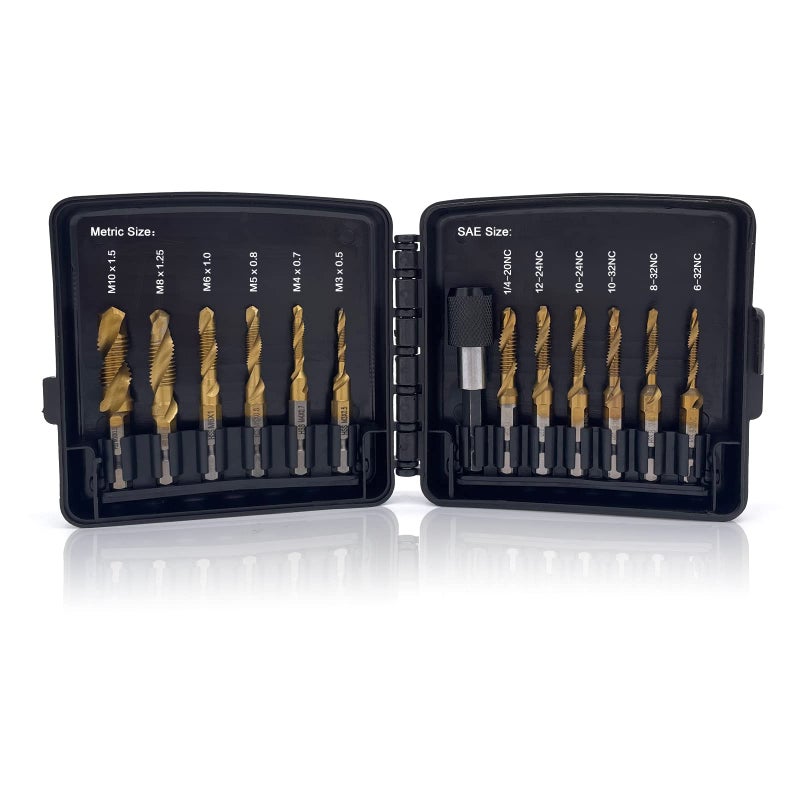 DKIBBITH Combination Drill & Tap Bit Set, 6 pc SAE (6-32NC ~ 1/4-20NC) and 6 pc Metric (M3 ~ M10) Titanium Coated Drill Bits Kit for Drilling Screw Threads Tapping Countersinking, with Quick Change Adapter - Image 1