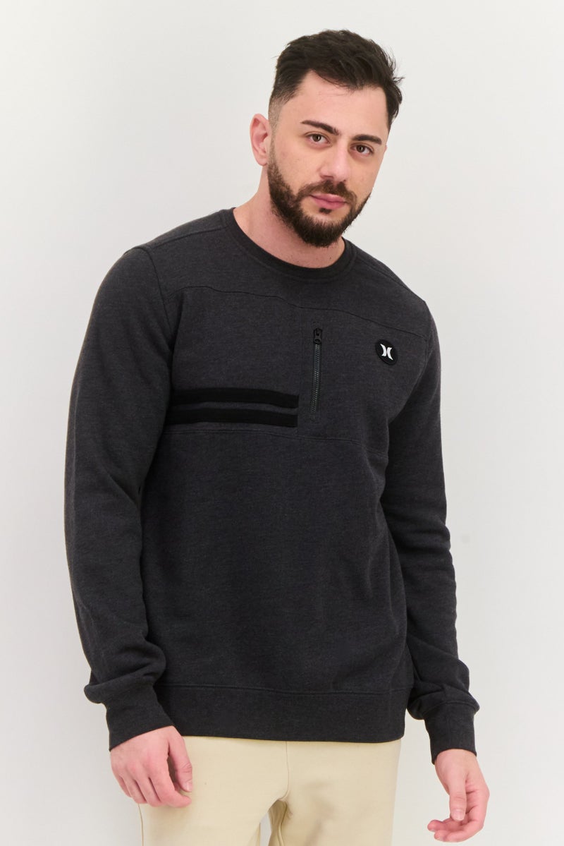 Hurley سويت شيرت رجالي بأكمام طويلة وياقة دائرية بشعار العلامة التجارية، رمادي داكن - Image 1