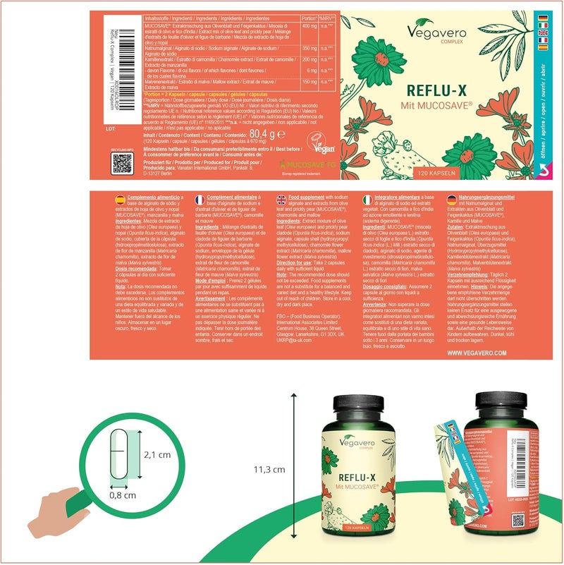 Vegavero فيجافيرو مركب ريفلوكس مضاد للحموضة الطبيعية لارتجاع المعدة والتهاب المعدة مع مستخلص ورق الزيتون موكوساف صوديوم ألجinate البابونج بدون إضافات 120 كبسولة نباتية - Image 3