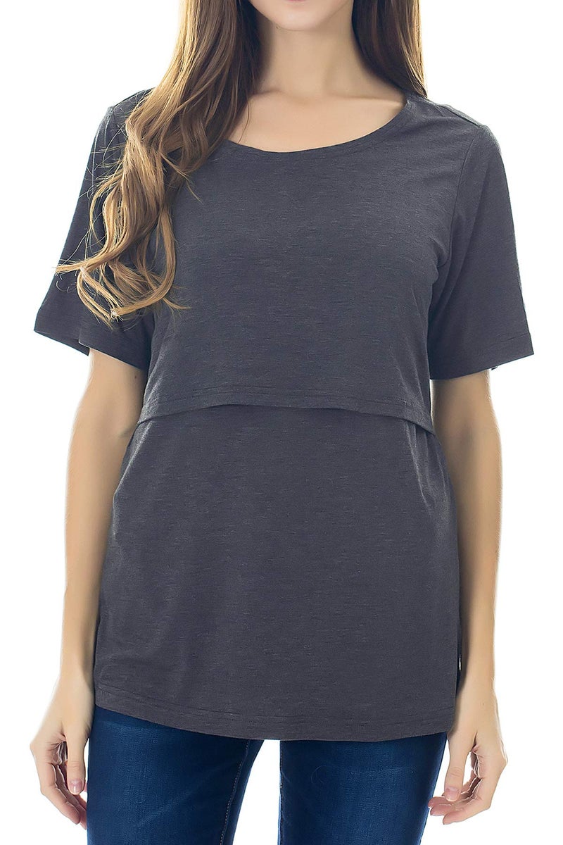 Smallshow 3 Pcs Maternity Nursing T-Shirt Nursing Tops Grey Stripe-Dim Grey-Black Medium - Image 5