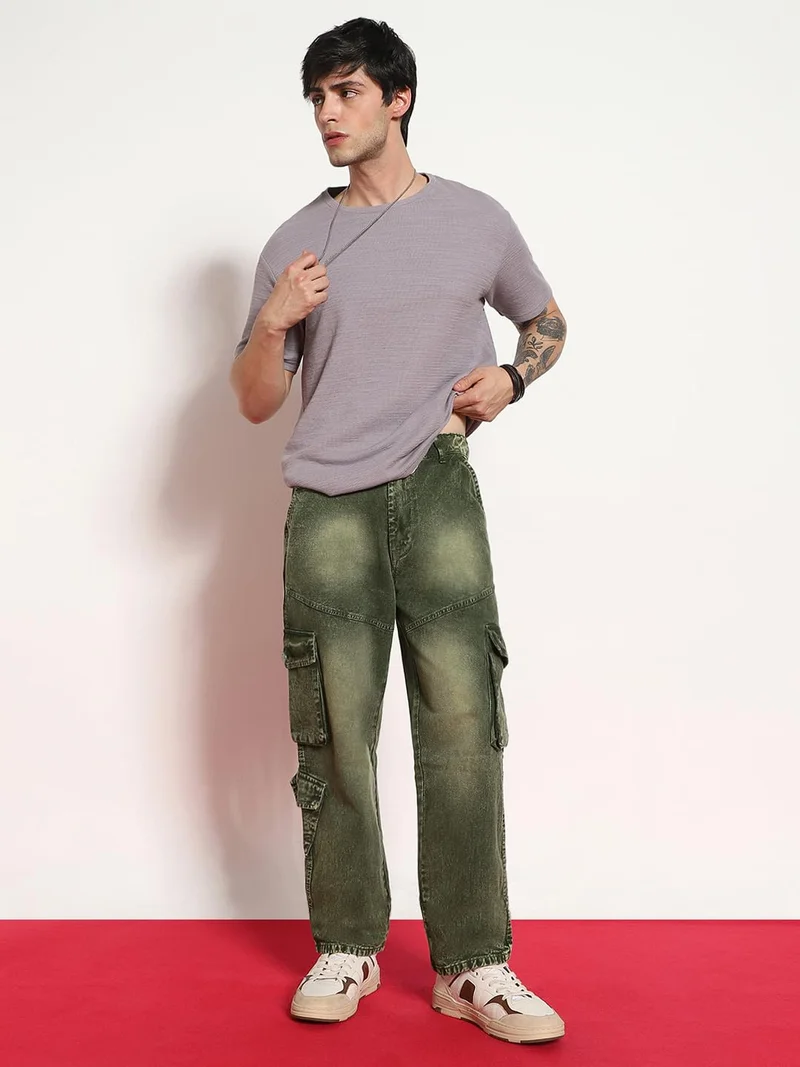 Urbano Fashion  Urbano Fashion Men's Olive Green Loose Baggy Fit Washed Cargo Jeans with 7 Pockets Non-Stretchable  | Best Price UAE