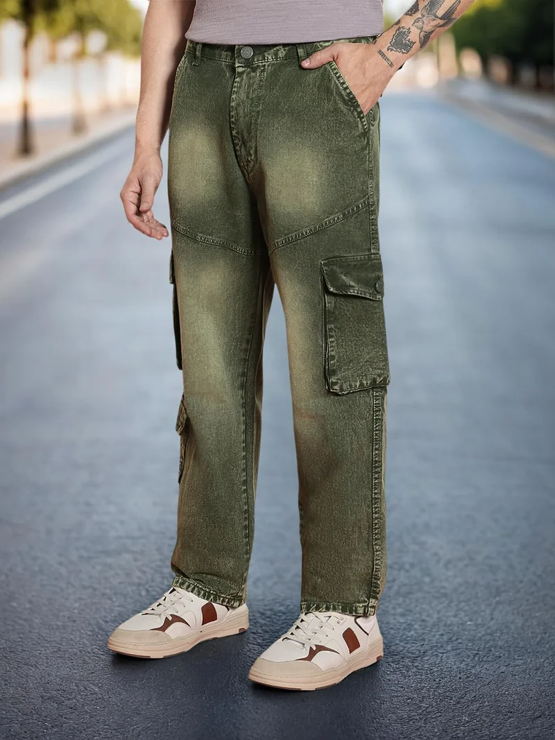 Urbano Fashion Men's Olive Green Loose Baggy Fit Washed Cargo Jeans with 7 Pockets Non-Stretchable