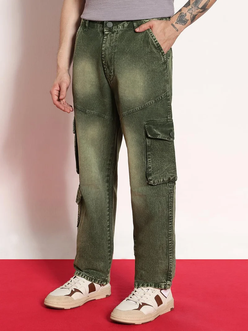 Urbano Fashion  Urbano Fashion Men's Olive Green Loose Baggy Fit Washed Cargo Jeans with 7 Pockets Non-Stretchable  | Best Price UAE