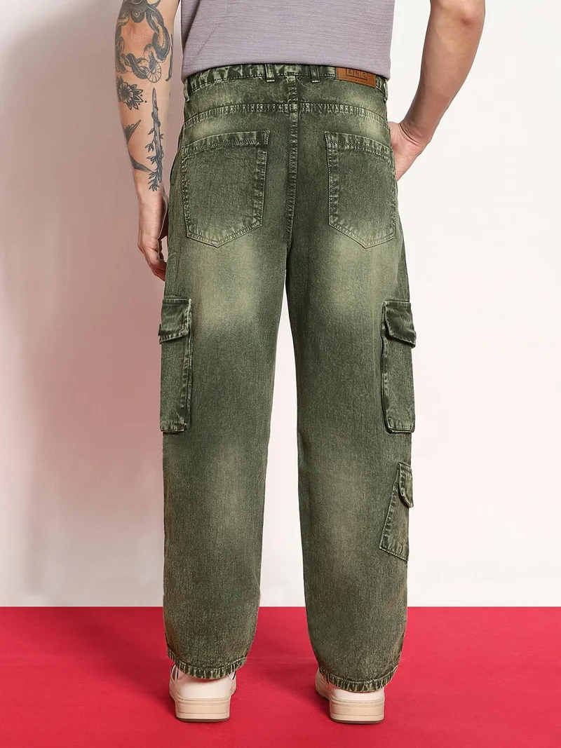 Urbano Fashion  Urbano Fashion Men's Olive Green Loose Baggy Fit Washed Cargo Jeans with 7 Pockets Non-Stretchable  | Best Price UAE