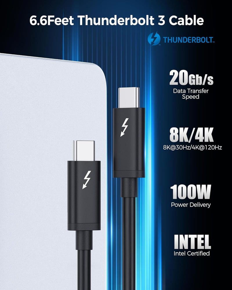CableMatters كابل Thunderbolt 3 معتمد من إنتل بسرعة 20Gbps - 6.6 قدم، كابل USB-C Thunderbolt، يدعم شحن 100W، فيديو 8K، ونقل بيانات، أسود - Image 2