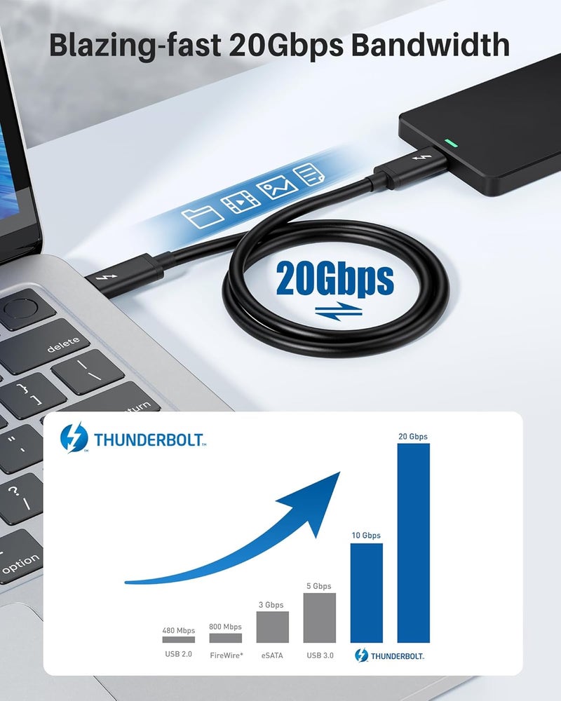 CableMatters كابل Thunderbolt 3 معتمد من إنتل بسرعة 20Gbps - 6.6 قدم، كابل USB-C Thunderbolt، يدعم شحن 100W، فيديو 8K، ونقل بيانات، أسود - Image 5