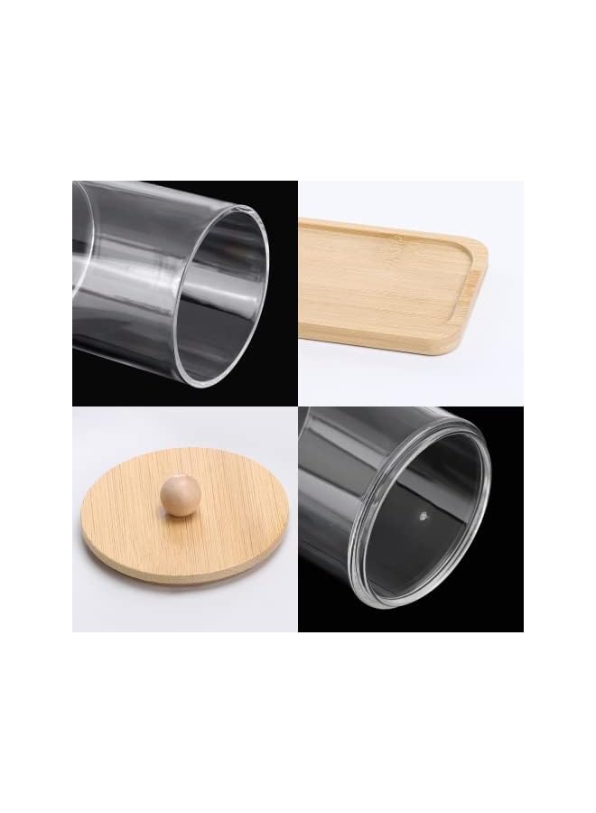 راكسوم حامل أعواد قطنية/كرة/وسادة بوزن 10 أونصة مع صينية تزيين، وعاء صيدلي من Qtip، موزع حاويات حمام شفاف لتخزين 3 أغطية خشبية - Image 4