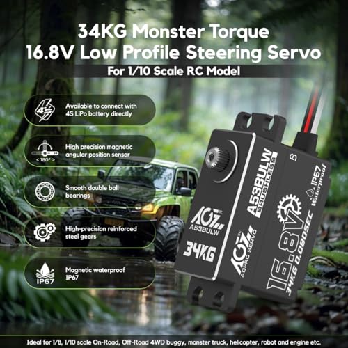 AGFRC 34KG Waterproof LowProfile RCSteeringServo 168V Direct Power High Torque Programmable Metal Gear Servo Motor for 110 RC Car Control Angle 180 A53BULW - Image 5