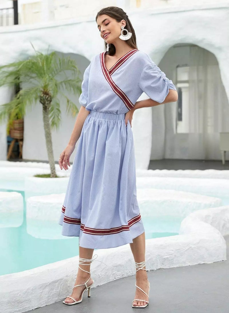 Ruched Sleeve Contrast Tape Trim Striped 1 Top & 1 Skirt Set  - Image 1