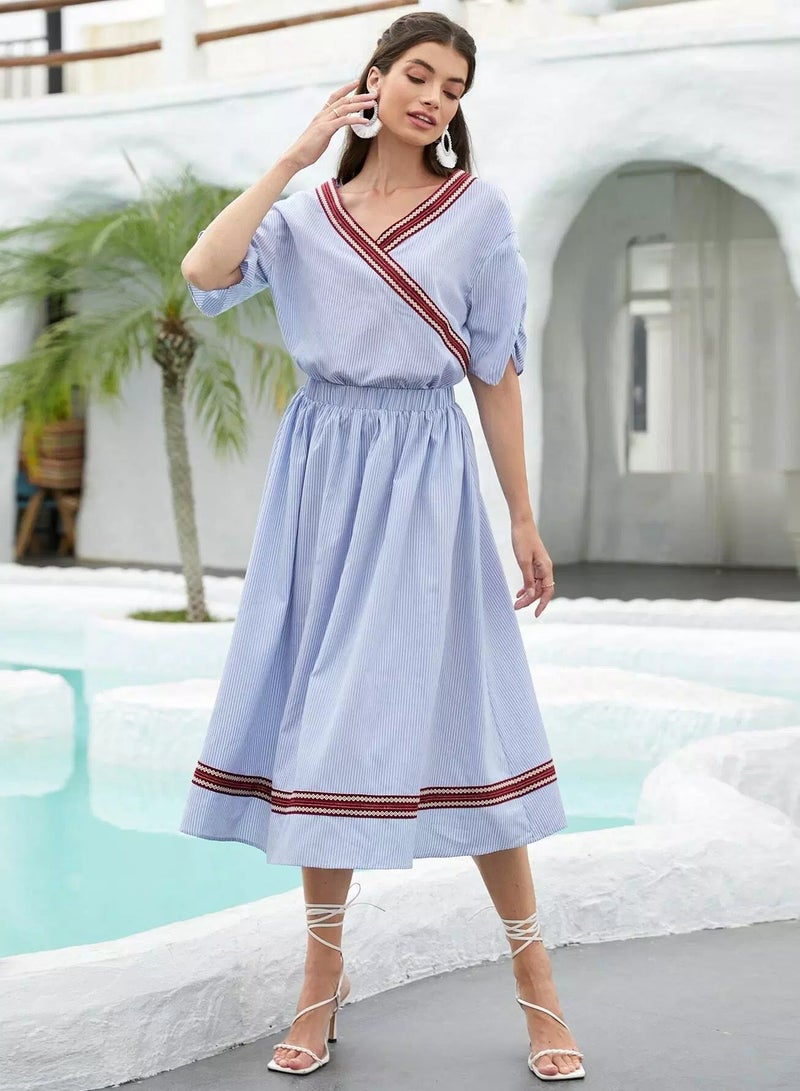 Ruched Sleeve Contrast Tape Trim Striped 1 Top & 1 Skirt Set  - Image 5