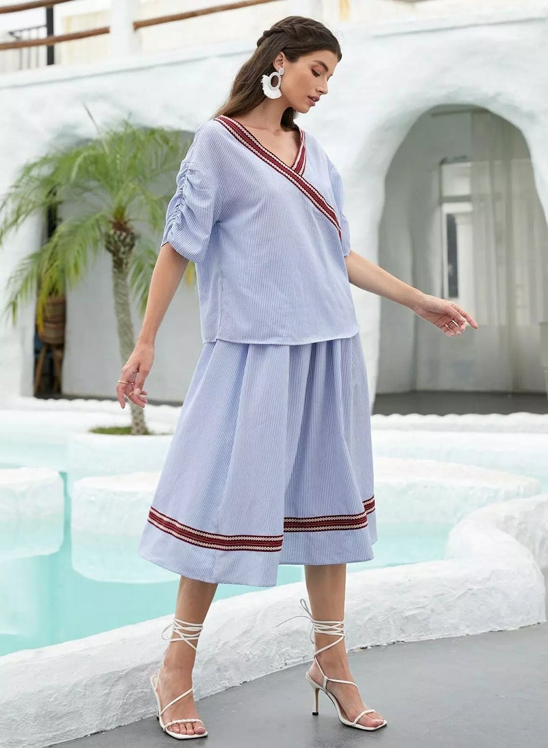 Ruched Sleeve Contrast Tape Trim Striped 1 Top & 1 Skirt Set  - Image 4